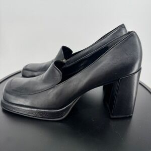 Apostrophe Freida Black Leather Platform Loafer Pumps Square Toe Block Heel 9.5M